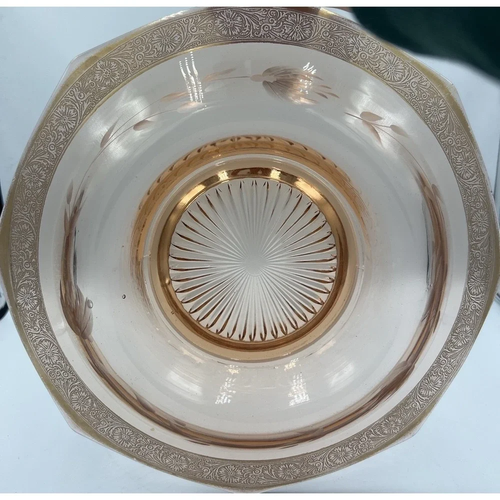 VTG Pink Depression Glass Chip & Dip Set‎ / Console Bowl Etched Scroll Rim